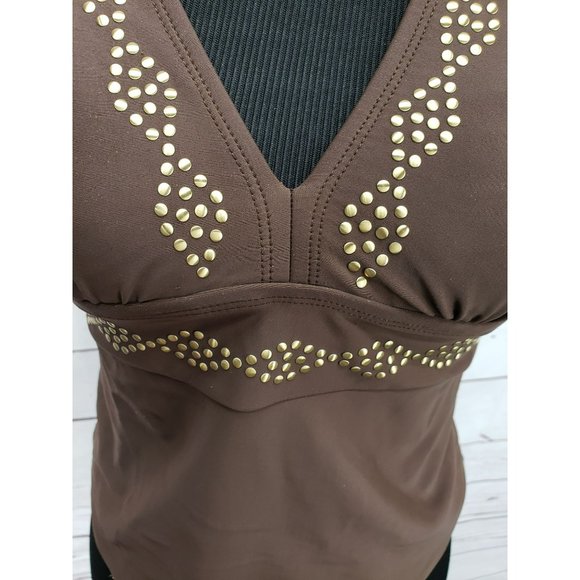 Contour By Beach Scene Brown Studded V-Neck Tankini Swimsuit‎ Top Size 8 - Picture 7 of 11